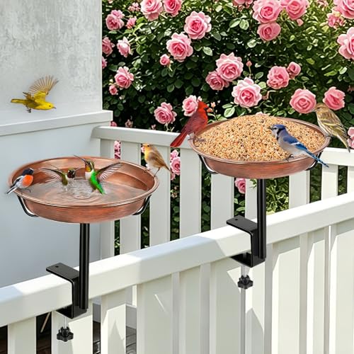 Gtongoko Deck Mounted Metal Bird Bath for Outside, 12 Inch Dia Weather-Resistant Birdbath Bowl for Balcony Fence Railing with Adjustable Clamp Outdoors - size: 12″ dia, 2″ depth bowl, deck