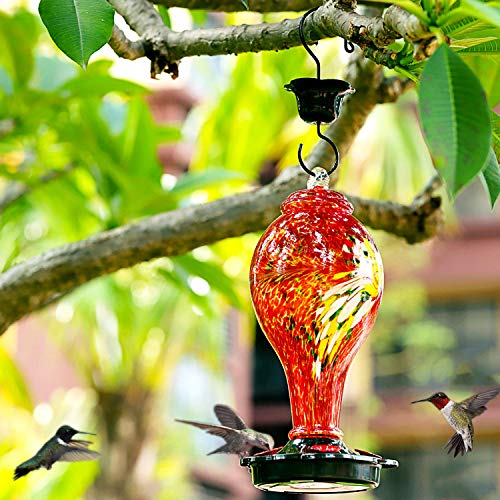 LUJII Hummingbird Feeders for Outdoors, Hand Blown Glass, Never Fade, 36 Fluid Ounces, 5 Feeding Stations, Much Bigger, Garden Backyard Decorative, Containing Ant Moat (Red) - color: Red, size: Large