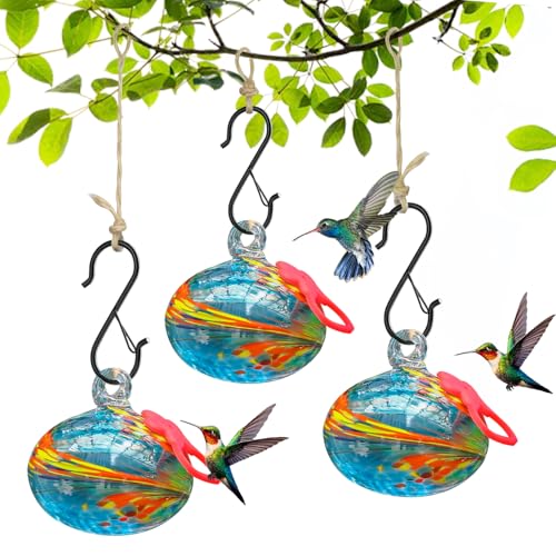 Pozfun Set of 3 Hummingbird Feeders for Outdoors Hanging,Hand-Blown Glass Hummingbird Feeder with Silicone Feeding Perch,Never Leak,Gardening Gifts for Woman Man(Blue) - color: Phoenix Tail Blue