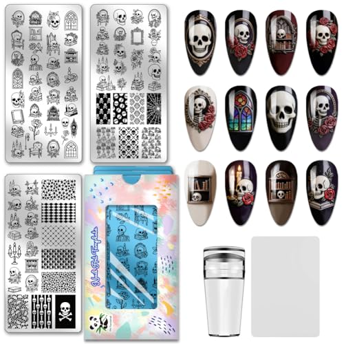 PH PandaHall 3pcs Reading Skull Nail Stamping Plates, Vintage Rose Skull Book Nail Art Templates Gothic Skelton Stainless Steel Image Plate Stencils with Tool for DIY Print Manicures Salon Design - style: Reading Skull