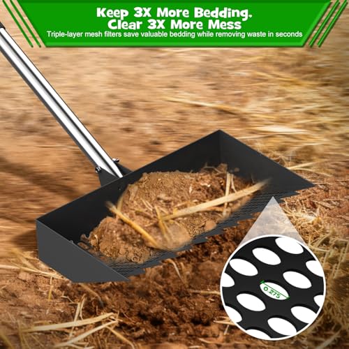 Chicken Poop Scooper & Rake 2-in-1 – 12 Inch Shovel Head & 3-Angle Adjustable Stainless Steel Handle, Chicken Litter Scoop and Coop Rake & Sand Sifting Shovel for Chicken Coops, Black - color: Black