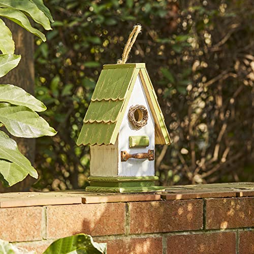 Glitzhome Bird Houses for Outside, Bluebird Houses for Outdoors, 10.75" H Green Roof Garden Wooden Birdhouse Hand Painted Hanging Distressed Bird House for Finch Cardinals Swallow Wren Chickadee - color: 10.75"H Green/White