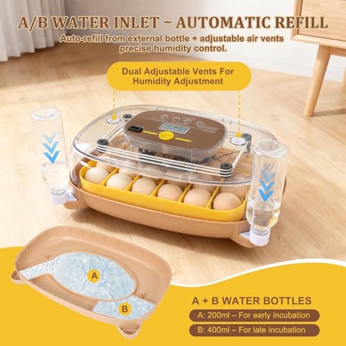 Series III - 24 Egg Incubator for Hobbyists, Full-Stage Adaptive Humidity (Dual-Bottle) & Temp Control, Custom-Interval Auto Turn & Auto Stop, Preset Incubation Days, Adjustable Egg Spacing - size: 24-Egg Brown