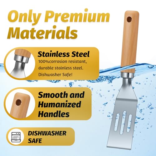 Patelai 5 Pack Mini Spatula, Small Stainless Steel Serving Spatula for Brownies, Cookies, Eggs and Pancakes, Solid Blade, Offset Handle, Dishwasher Safe Kitchen Turner (Slotted,Wooden Handle) - color: Wooden Handle, size: Slotted