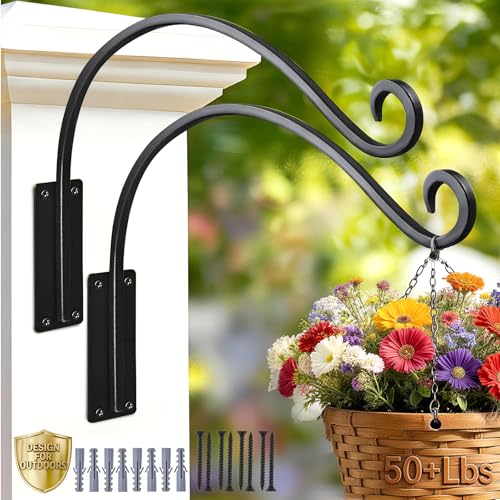 Heavy Duty 12 Inch Plant Hangers Bracket Outdoor 2 Pack Bird Feeder Hanger | 50LBS Capacity, Rust-Proof Metal Wall Hook, Outdoor Hand-Forged, For Hanging Plants, Bird Feeder, Wind Chime, Flower Baskets - size: 12in-2Pack