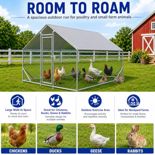 Large Metal Chicken Coop Run with Removable PE Cover, Walk-in Galvanized Steel Poultry Enclosure with PVC-Coated Wire Mesh and Lockable Door for Chickens, Ducks and Rabbits (10'Lx6.6'Wx6.56'H) - size: 10'Lx6.6'Wx6.56'H