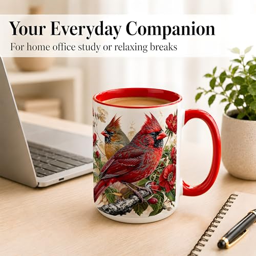 Botanical Cardinal Coffee Mug, Bird Lover Mug, Spring Garden Nature Gift for Home Office, Red Bird Pair with Floral Branch Artwork, Ceramic Red Accent Handle Cup 15 Oz Drinkware (Cardinal 15Oz) - color: Cardinal 15Oz