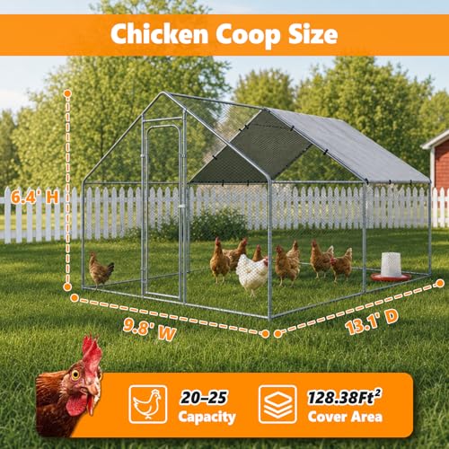 Metal Chicken Coop with Waterproof Pitched Roof, 13.1×9.8×6.4ft | Thickened Steel Frame, Predator-Proof Wire, Weatherproof & UV Resistant Cover, Detailed Assembly Guide & Tool Kit - size: 157.2"L x 118.1"W x 76.8"H