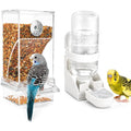 Rypet No-Mess Bird Feeder and Water Dispenser Set for Small Birds | Automatic Bird Feeder, Transparent Acrylic Food Container, Helps Reduce Seed Scatter, for Parakeet Cockatiel Parrot Canary - color: White Feeder + Drinking Bottle