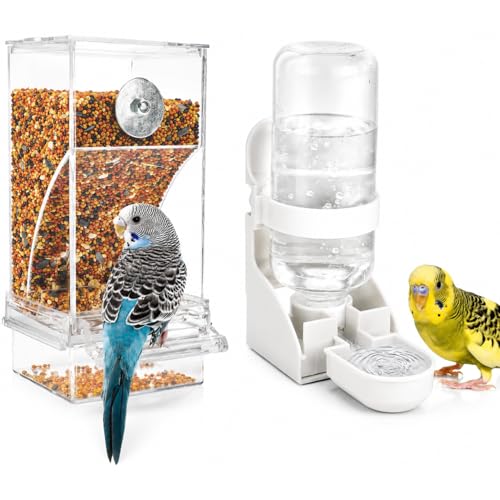 Rypet No-Mess Bird Feeder and Water Dispenser Set for Small Birds | Automatic Bird Feeder, Transparent Acrylic Food Container, Helps Reduce Seed Scatter, for Parakeet Cockatiel Parrot Canary - color: White Feeder + Drinking Bottle