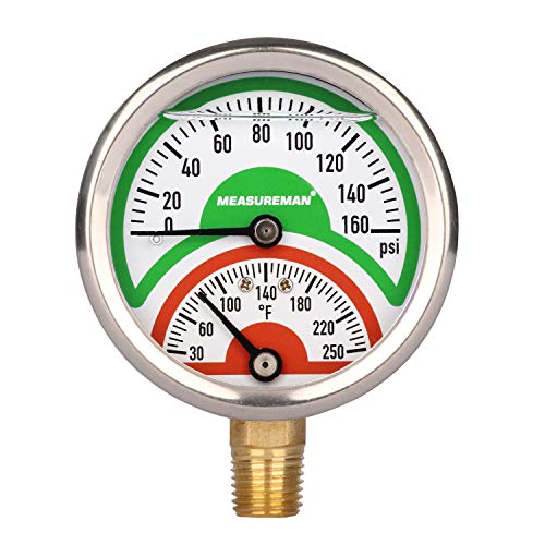 MEASUREMAN Tridicator, Thermo-Manometer, 2-1/2", Silicone Oil Filled, 0-160psi/30-250 deg F, Stainless Steel Case, 1/4" NPT Lower Mount Pressure Gauge - size: Lower Mount-Liquid Filled