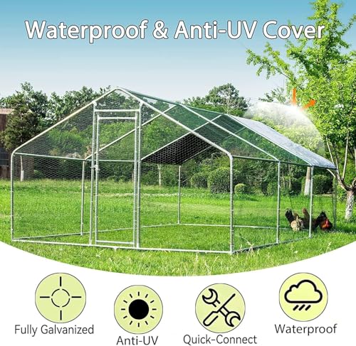 HITTITE Large Metal Chicken Coop with Run, 19.19 x 9.84 x 6.56 ft Walk in Poultry Cage Chicken Run Pen, Outdoor Chicken Runs for Yard with Waterproof & Anti-UV Cover - size: 19.19'L x 9.84'W x 6.56'H