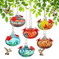 6 PCS Hummingbird Feeders for Outdoors Hand Blown Glass Hummingbird Feeder | 3.1 Inch Hanging Glass Humming Bird Feeders with 2 Flower Feeding Ports for Window Outside Garden Decor Gift
