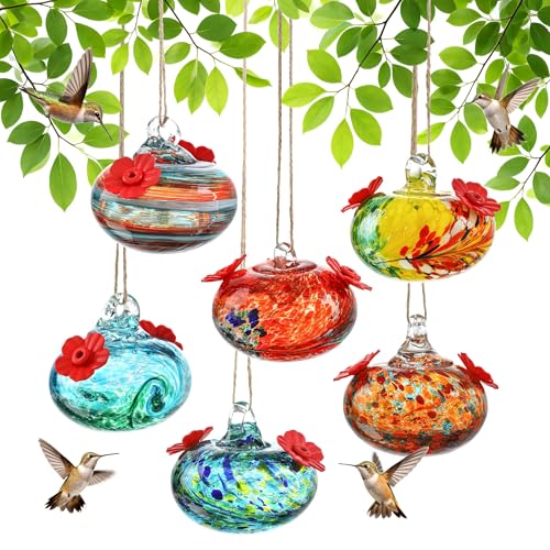 6 PCS Hummingbird Feeders for Outdoors Hand Blown Glass Hummingbird Feeder | 3.1 Inch Hanging Glass Humming Bird Feeders with 2 Flower Feeding Ports for Window Outside Garden Decor Gift