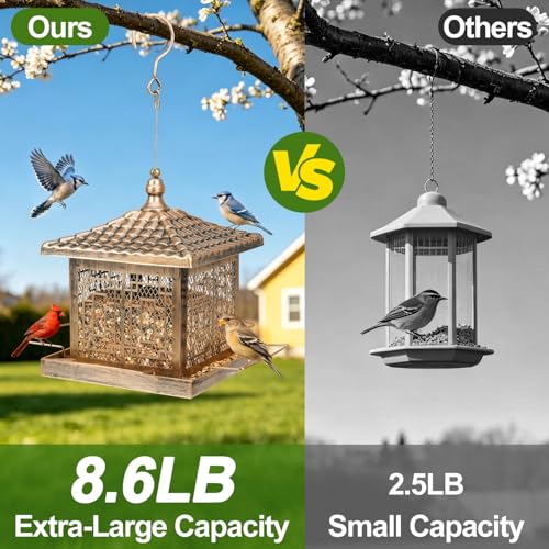 Metal Bird Feeder for Outdoors, 8.6LB Large Capacity Wild Bird Feeders Hanging for Outside, Rustproof Weatherproof with 4 Perches, Attract Cardinals Bluebirds Finches Chickadees Garden Decor