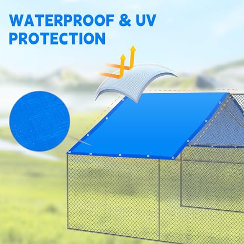 VitalCozy 2 Pcs Chicken Coop Cover Waterproof 14.5 x 6.6 ft Chicken Run Cover Coop Tarp Accessories for Winter with 50 Pcs Ball Bungees Cords for Outdoor, White, Blue - color: White, Blue, size: 14.5 x 6.6 ft