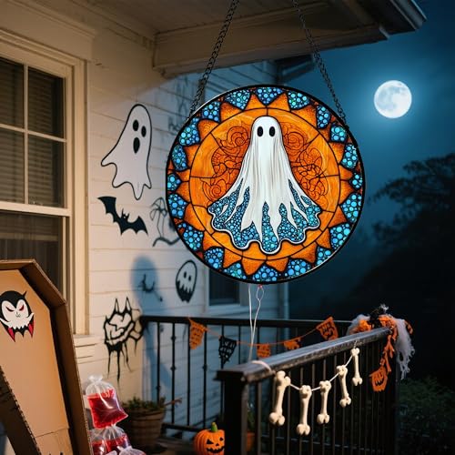 Stained Glass Window Hanging - Halloween Decorations White Ghost Suncatcher for Doors Garden Indoor Spooky Funny Blue Sun Catchers Gothic Decor Horror Gifts for Women Men Friend 7.8 in - color: Blue-orange, size: 7.8x7.8 IN