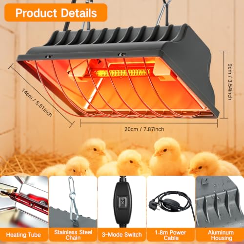 OUTON Heat Lamp for Chicks, Chicken Coop Heating 2-Level Economy Switch | Silver, 118mm Carbon Fibre Tube, 3-Level Heat Control, IPX4 Splash Protection, 8000+ Hours Lifespan, Even Heat Coverage