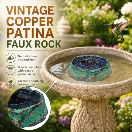Solar Fountain for Bird Bath Vintage Copper Patina Faux Rock Water Pump with 6 Nozzles Small Solar Powered Bird Bath Water Bubbler Hummingbird Fountain Birdbath for Garden Fish Tank and Pond