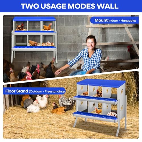 6 Compartment Chicken Nesting Box, Heavy Duty Metal Laying Box with Perch, - color: Blue, size: 6 Compartments with legs