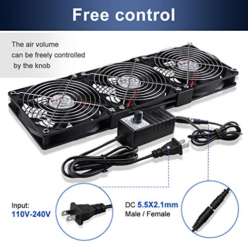 Wathai Dual Ball 3 x 120mm Computer Fan with AC Plug DC 12V Server Fans | Baseboard Booster Fan with 110V 120V 220V 240V AC Speed Controller for DIY Cabinet Chassis Machine Rack Workstation Cooling - style: 3x120mm fan