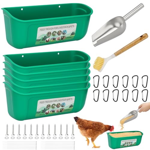 6 Pack Fence Feed Feeder 4.5 Quart Hanging Chicken Feeder Trough with Brush & Scoop Green Goat Hanging Fence Feeders Feeder with Hooks Screws & Zip Tie for Livestock Feeding Container Goats Supplies - color: Green, size: 6 Pack