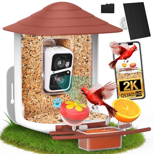 birdsnap® TUC Bird Feeder with Camera Solar Powered 2K Video with 32GB Card | AI Bird Species Identification, Squirrel-Proof, IP65 Waterproof, Outdoor Wireless, 2.4G WiFi, Gift for Mom Dad Bird Lovers - color: Red