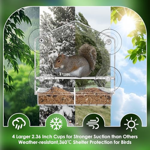 Window Bird Feeder with Strong Suction Cups - Slide-Out Tray | House shaped clear acrylic, 2.36" large suction cups, bird feeder for window viewing, relaxing cat TV gift for moms - color: Clear
