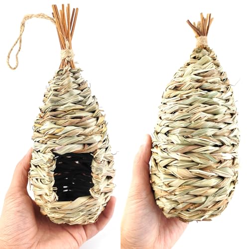 TIHOOD 4PCS 9.2 x 4 Inches Hand Woven Hummingbird House,Bird Hut and Hummingbird Houses Nest, Small Hanging Bird & Chickadee House for Finch & Canary in Outdoor