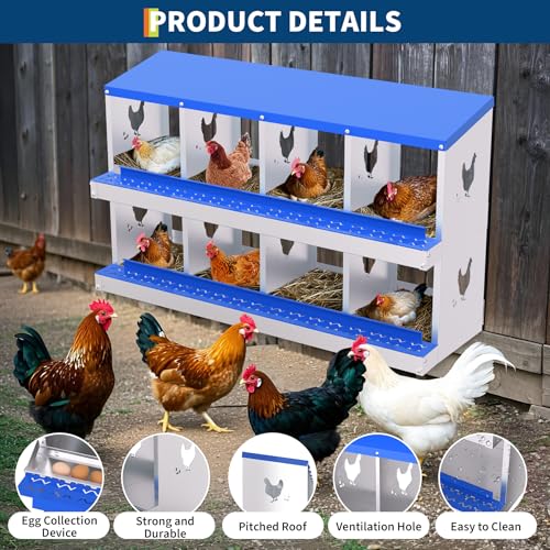 8 Compartment Galvanized Metal Chicken Nesting Box, Easy Install & Clean Roll Out Egg Laying Boxes for Backyard Chicken Coop, Anti-Rust Egg Protection Nest - color: Blue, size: 8 holes