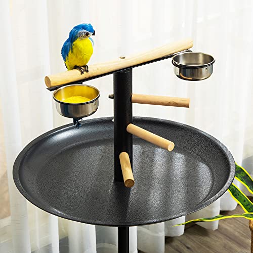 PawHut Bird Play Stand, Portable Parrot Perch, Bird Feeder Station, with Four Wheels, Stainless Steel Feeding Bowls, Round Tray, Grey | Bird Feeder Station, Stainless Steel Feeding Bowls