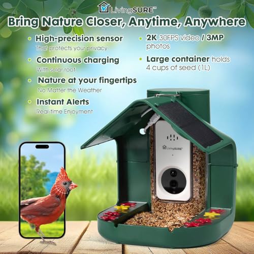 2-in-1 Smart Bird Feeder with Camera Outdoor Solar Powered Smart | Birdfeeder Live Stream Video Camera with AI Recognition for Outside Wild Birds Garden Decor - Bird Lover Gifts by LivingSURE