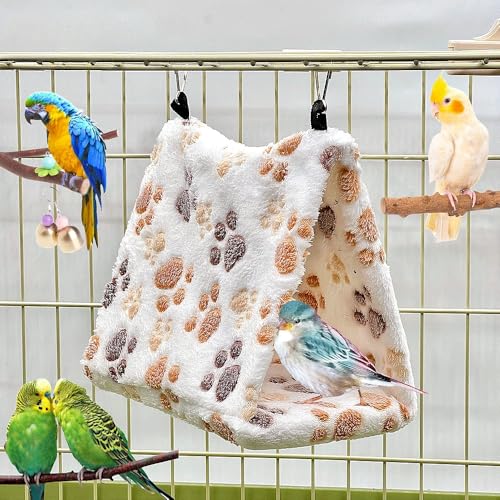 2 Pack Bird Nest Plush Snuggle Bird Hammock Hanging Bird Cave Parrot Sleeping Bed Shed Hut Hanging Tent for Budgies Finch Parakeet Cockatiel Cockatoo Lovebird-Foot Pattern (Brown&White) - color: Brown&White(Foot Print)