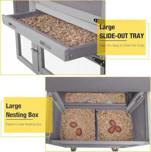 Aivituvin Mobile Chicken Coop with Wheels, 82.4" for 4-6 Hens(Grey) | 2 large nesting boxes with reinforced bottom keep eggs safe from raccoons and dogs Leak-resistant asphalt roof - color: Grey, size: 82.4"L x 26.0"W x 44.0"H