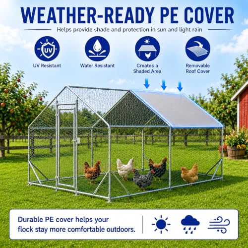 Large Metal Chicken Coop Run with Removable PE Cover, Walk-in Galvanized Steel Poultry Enclosure with PVC-Coated Wire Mesh and Lockable Door for Chickens, Ducks and Rabbits (10'Lx13' W x6.56'H) - size: 10'Lx13' W x6.56'H
