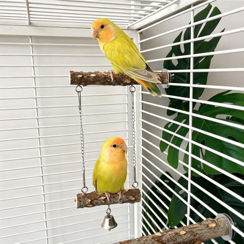 4-Piece Bird Perch Set for Cage, Natural Wood Bird Cage Accessories, Hammock Swing, Parrot Climbing Standing Branches, Durable Cockatiels,Conure,Lovebird, Budgie Toys