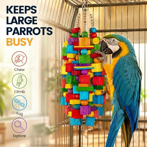 Large Bird Toy, 20 in XL Parrot Toys Natural Wood Blocks Bird Chew Toy for Foraging, Stainless Steel Chain Hanging Cage Toy for Macaws, Cockatoos, African Greys and Large Parrots-1.65 lb