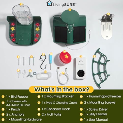 2-in-1 Smart Bird Feeder with Camera Outdoor Solar Powered Smart | Birdfeeder Live Stream Video Camera with AI Recognition for Outside Wild Birds Garden Decor - Bird Lover Gifts by LivingSURE