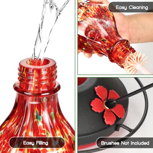Hand Blown Glass Hummingbird Feeders for Outdoors Hanging, 24oz Wild Bird Nectar Feeder with Ant Moat and Perch, Bee-Resistant Ports, Garden Decor, Gifts for Women Mom, 1 Pack, Red Polka Dots - color: Red Polka Dots