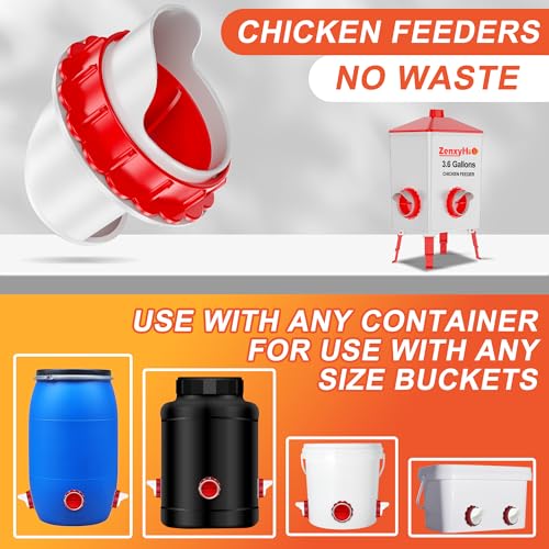 No Waste Chicken Feeders, DIY Automatic Poultry Feeder - 8 Ports Red | Buckets Barrels Bins Troughs‑mountable Design for common Breeds of Chicken Flock with Hole Saw - size: 8 Ports