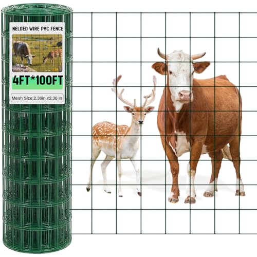 Gisafai 16 Gauge Galvanized Welded Wire Fence 4 ft x 100 ft PVC Coated Hardware Cloth, 2.36" x 2.36" Mesh, Heavy Duty Garden Fencing Roll for Chicken, Dog Yard, Deer Cattle & Animal Protection(Green) - color: Green, size: 4 ft X 100 ft