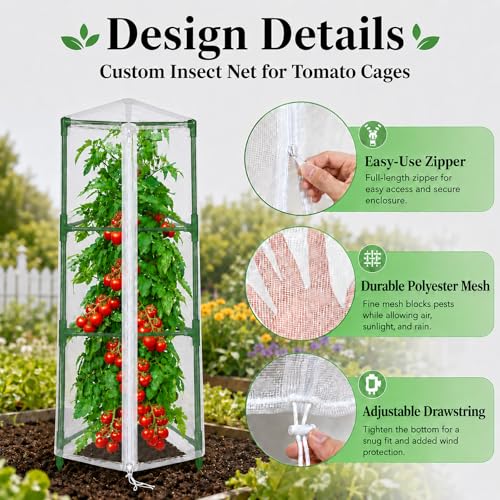 Halatool Garden Tomato Plant Cover Netting, Fits 40–55" Tomato Cages | Garden Bird Netting with Zipper & Drawstring, Insect Barrier, Plant Covers from Insects Animals, 2 Pack, 45"×15.7" - size: 45 Inch