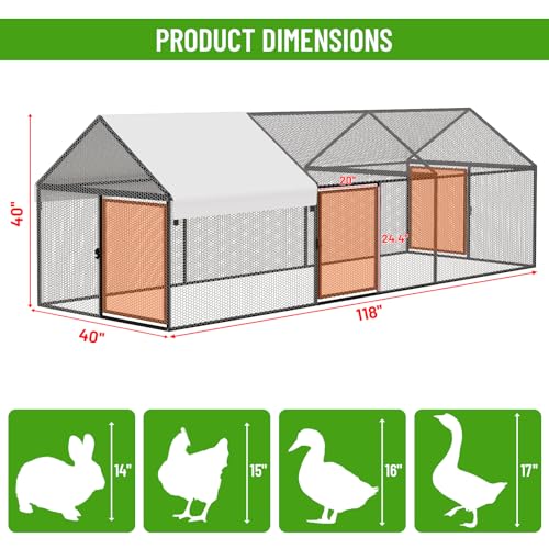 NUGRIART Metal Chicken Coop 118"×40"×40" Chicken Run with Waterproof Cover Portable Poultry Cage Walk in Hen House Outdoor Backyard Farm Animal Enclosure Crate Pet Playpen Exercise Pen for Rabbit Duck - size: 118.0"L x 40.0"W x 40.0"H