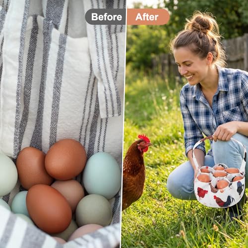 Egg Collecting Basket, Canvas Egg Gathering Basket | Egg Basket for Gathering with 7 Pouches for Chicken, Duck, Goose, Bird, Various Poultry Collection (Black and white chicken) - style: Black and white chicken