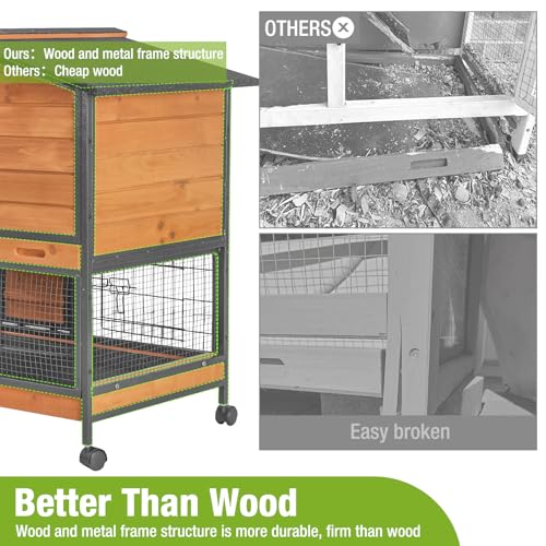 GUTINNEEN Rabbit Hutch with Chew-Resistant Metal Frame Indoor Bunny Cage Outdoor Rabbit Cage with Wheels and Leakproof Tray - color: Wooden Brown
