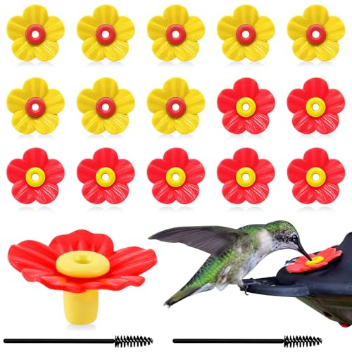 16 Sets Hummingbird Feeder Replacement Flowers with 2 Cleaning Brushes - Hummingbird Feeders Parts for Outdoors Feeding Ports Bee Guards Pet Bird Replacement Flowers Kit (Red&Yellow) - color: Red&Yellow