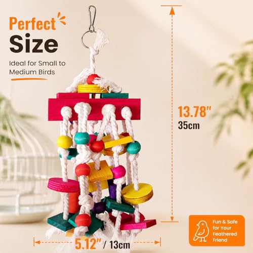 Rypet Large Parrot Cage Toy, Wood Rope Bite Toy for Cockatiels Conures | Natural Wood Blocks, Durable Rope, Cotton Knots for Chewing, Hanging Play for Large Birds - color: Colorful1