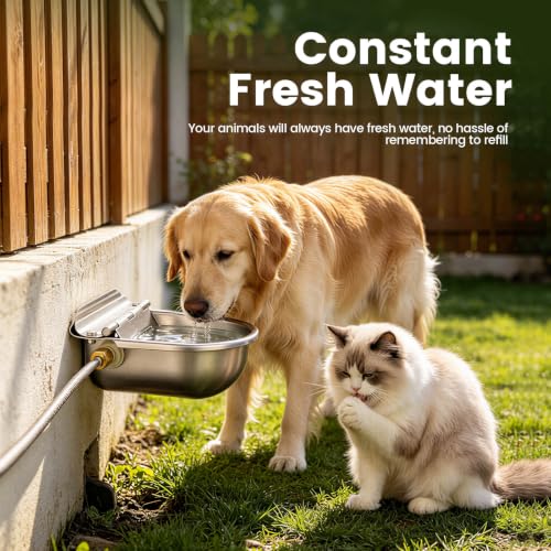 Automatic Dog Water Bowl Dispenser 304 Stainless Steel Dog Waterer | Wall Mounted, Metal Outdoor Heavy Duty Auto Self Filling Animal Water Feeder for Dogs Cats, with Float Valve and Drain Plug
