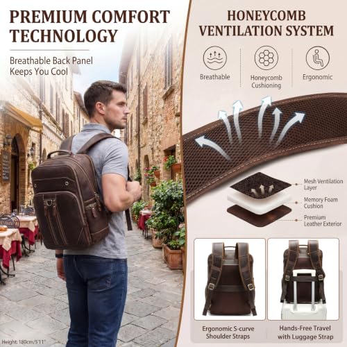 Full Grain Leather 16" Laptop Business Travel Backpack for Men, Brown | Crazy Horse Leather, YKK Metal Zippers, 5 Compartments, Ergonomic S-Straps, Large Capacity, Trolley Sleeve - color: Brown