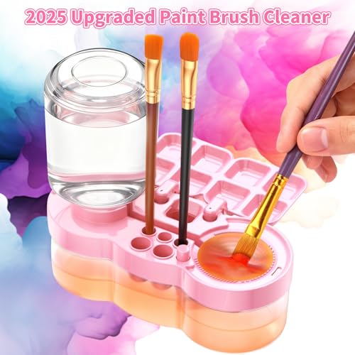 2026 Upgraded Paint Brush Cleaner, Kids Painting Station with Brush Washer, Water Cycle Watercolor Rinser Dispenser with Holder and Palette, Art Supplies Cleaning System for Children Adults(Pink)